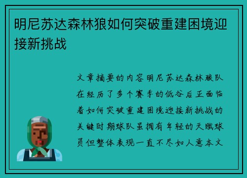 明尼苏达森林狼如何突破重建困境迎接新挑战