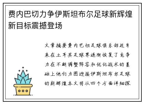 费内巴切力争伊斯坦布尔足球新辉煌新目标震撼登场