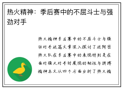 热火精神：季后赛中的不屈斗士与强劲对手