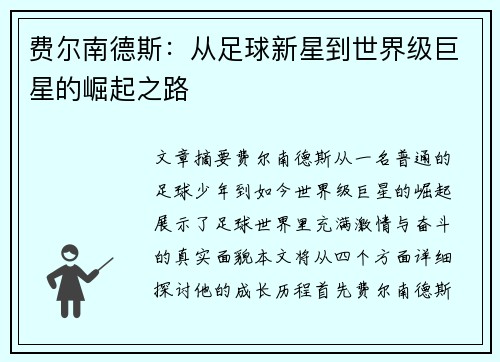 费尔南德斯：从足球新星到世界级巨星的崛起之路